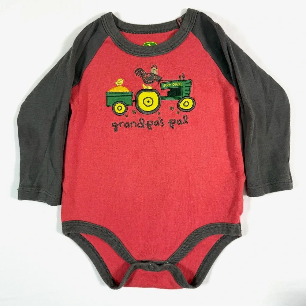 JOHN DEERE Baby Bodysuit 9/12M Grandpa’s Pal Tractor Red Outdoor Country